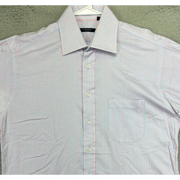 Burberry‎ Shirt Mens Large 16 Blue Pink Candy Stripe Dress Button Up Made In USA - Picture 1 of 12
